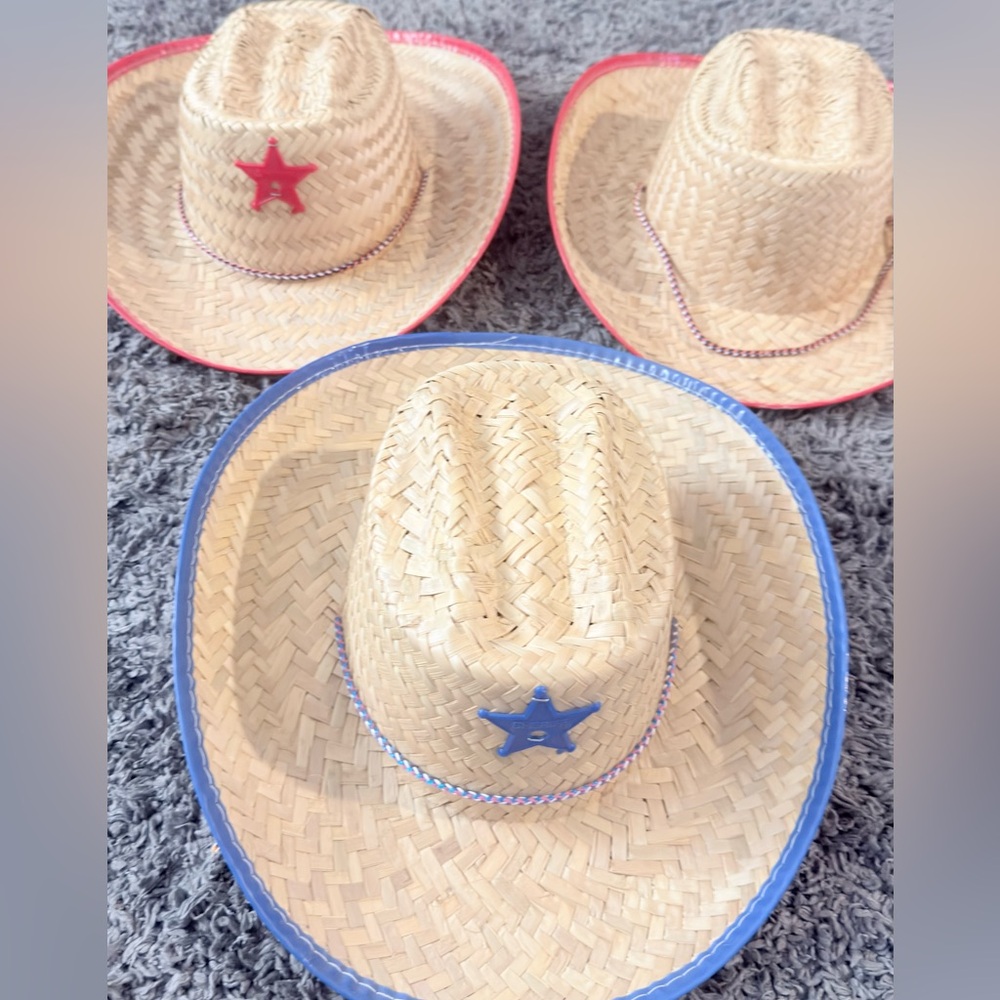 Set of 3 Straw Cowboy Hats for Kids - Sheriff Costume Red and Blue - Picture 5 of 10